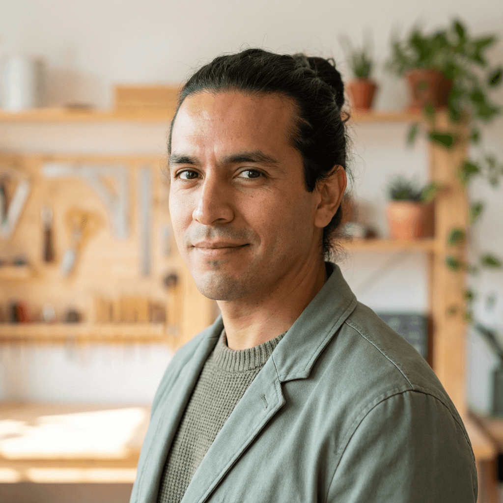 Retrato de Martín, un viajero español en sus 30 años, con expresión de satisfacción en un restaurante italiano tradicional