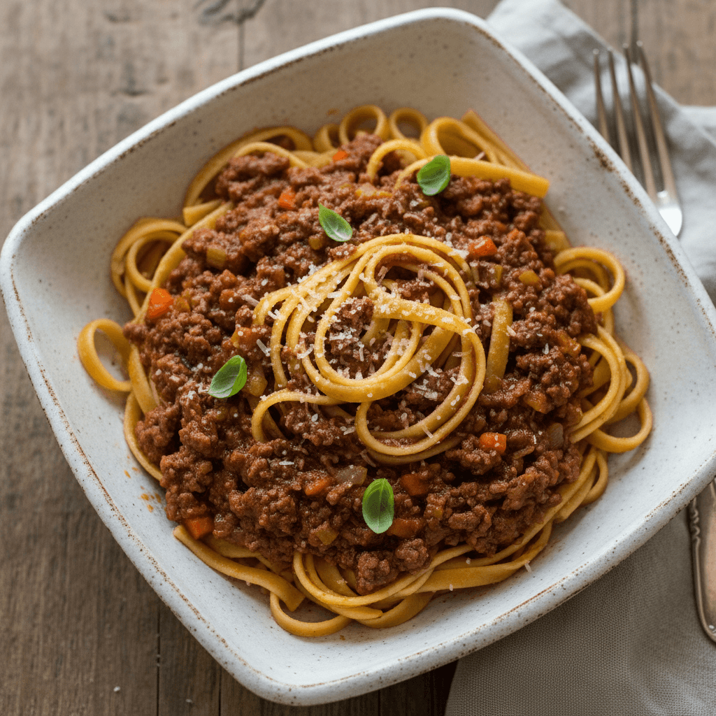 Tagliatelle al ragù en plato de cerámica