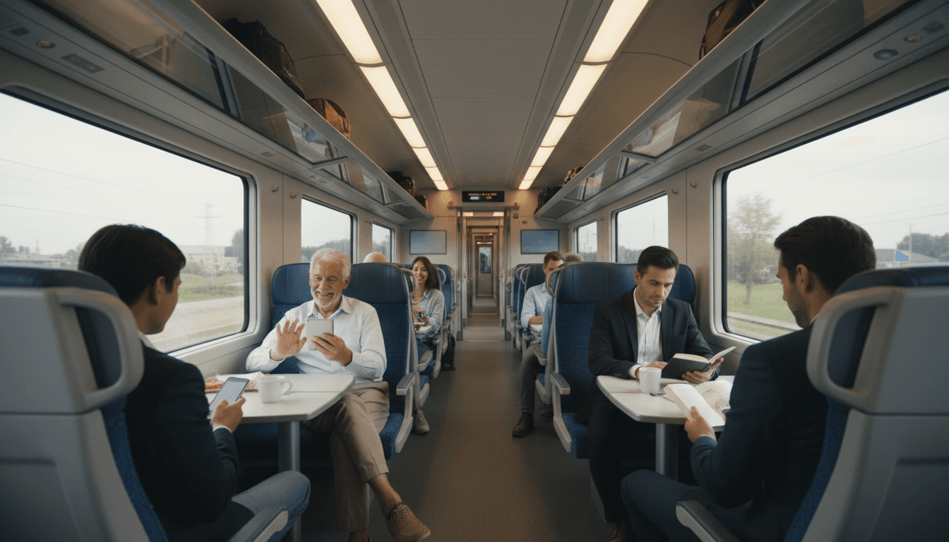 Viajero consultando el panel digital dentro de un tren italiano de alta velocidad