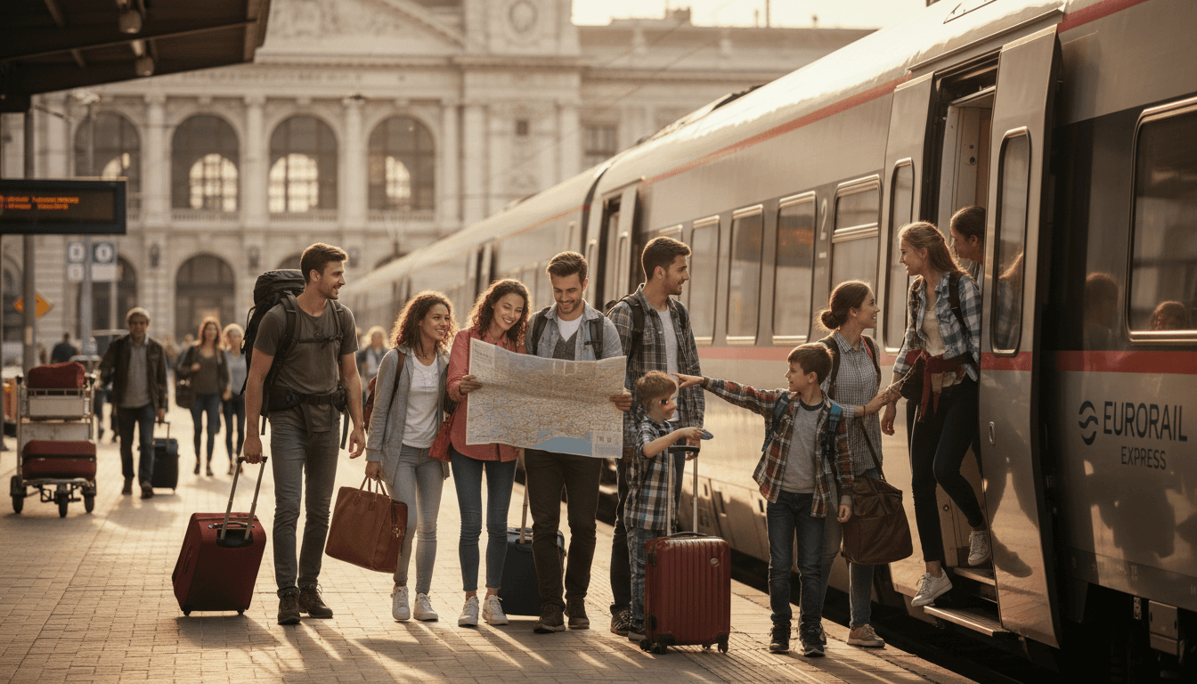 Pasajeros con equipaje esperando la llegada de un tren de alta velocidad en un andén italiano iluminado por la luz del atardecer
