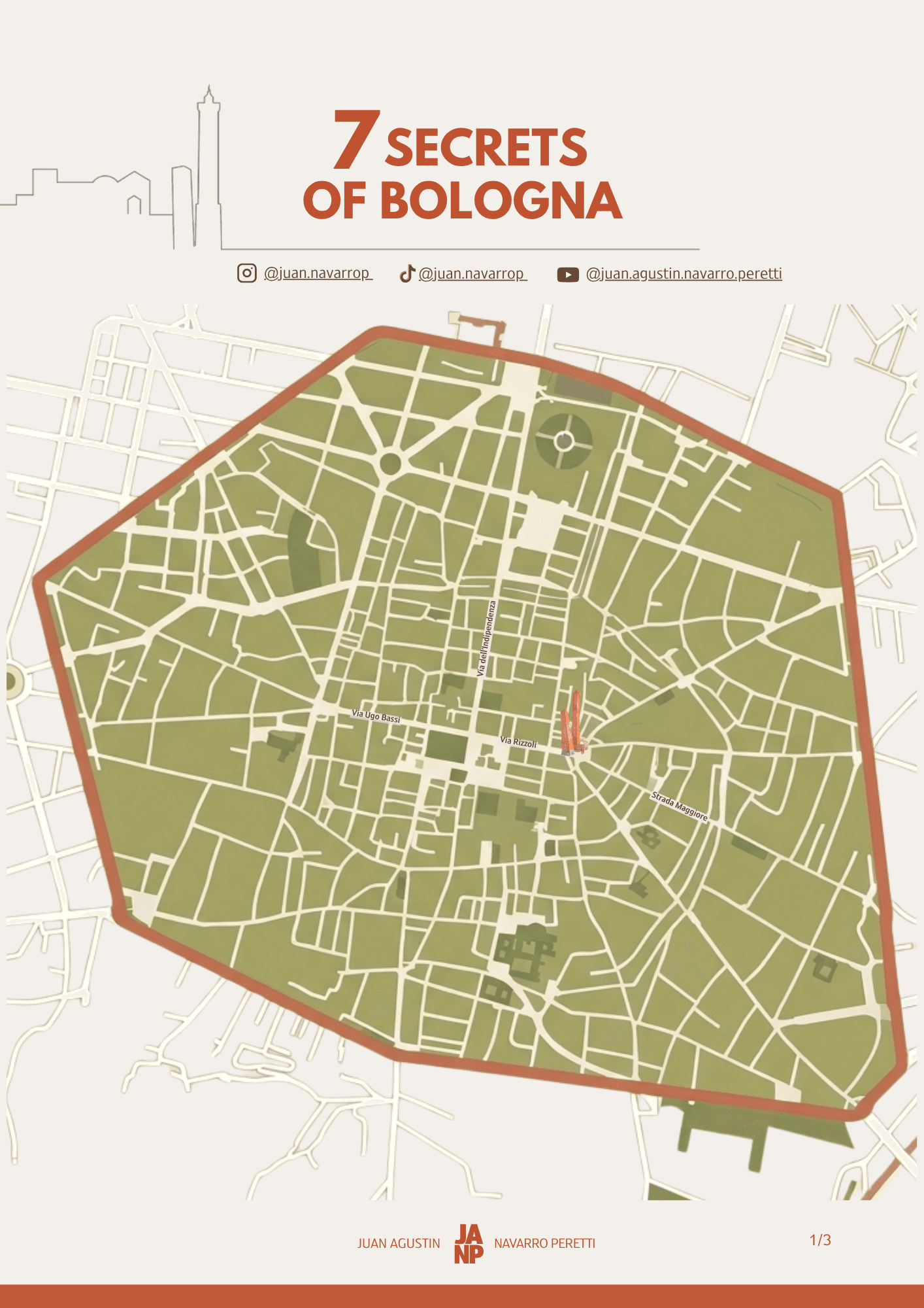Mapa ilustrado del centro de Bolonia con el título "7 secretos de Bolonia" en naranja.