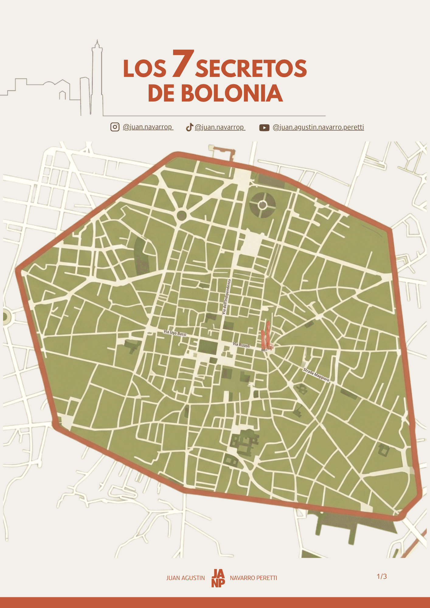 Mapa del centro histórico de Bolonia bajo el título Los 7 Secretos de Bolonia.
